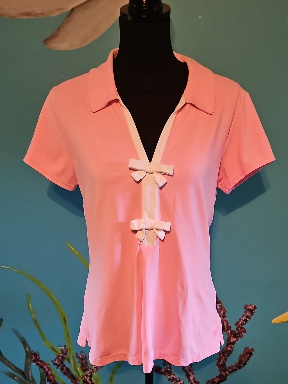 Lilly Pulitzer Pink Short Sleeve Polo Top with Bow Trim